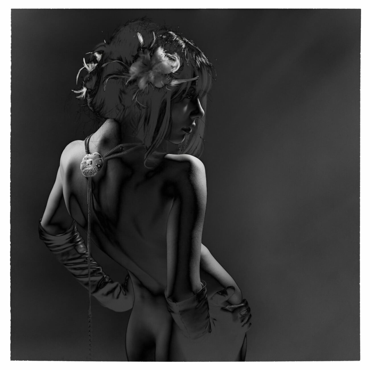 Black and white fashion photograph of model Masha Alexandra Obolensky from the 'Masha Alexandra Obolensky' series by photographer Étienne Delorme – image 07